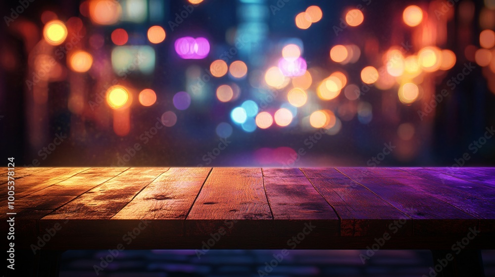 Wooden Tabletop with Blurry Lights in the Background Wooden Tabletop with Blurry Lights in the Background