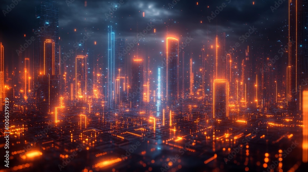 Obraz premium Futuristic Cyberpunk Cityscape Glowing Neon Skyscrapers Generative AI