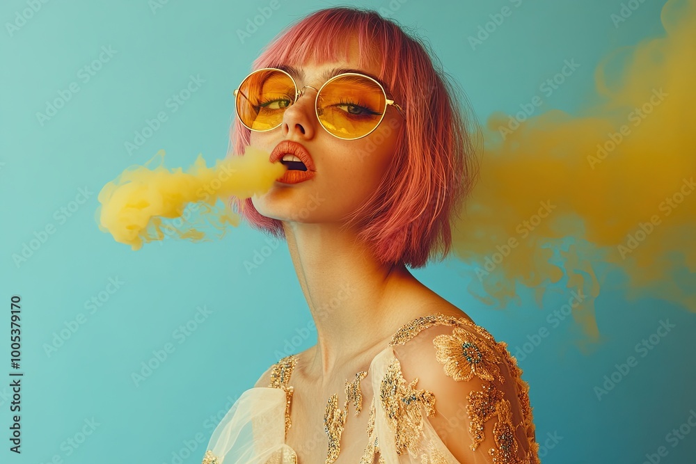 © rushay - portrait of a woman blowing out yellow smoke © rushay - portrait of a woman blowing out yellow smoke