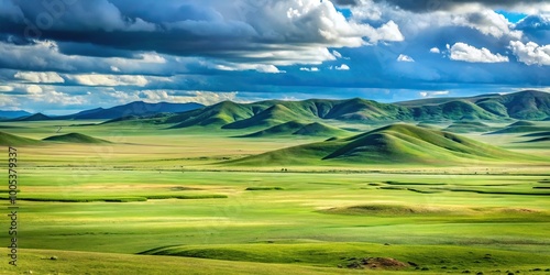 Rolling grasslands scenery with silhouette of Mongolian steppe landscape