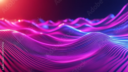 Abstract 3D neon background with a panoramic perspective, showcasing glowing purple, violet, and pink lines under UV light