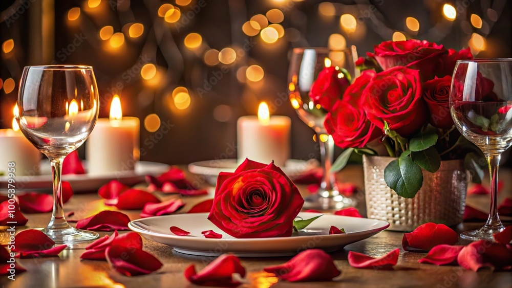 Romantic dinner decor with red rose petals and candle