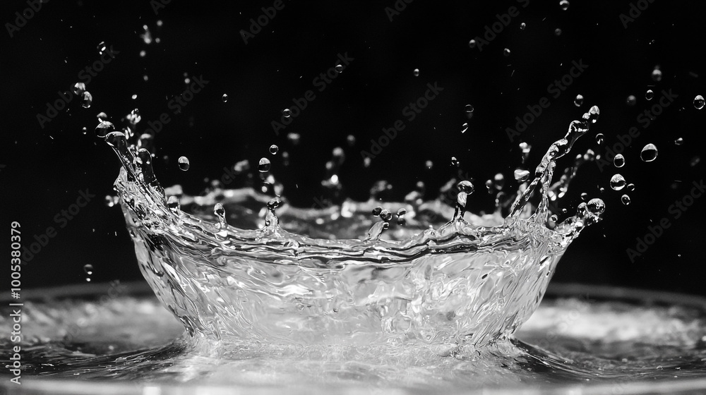 Water splash captured in high contrast, creating dynamic patterns against a dark background Water splash captured in high contrast, creating dynamic patterns against a dark background