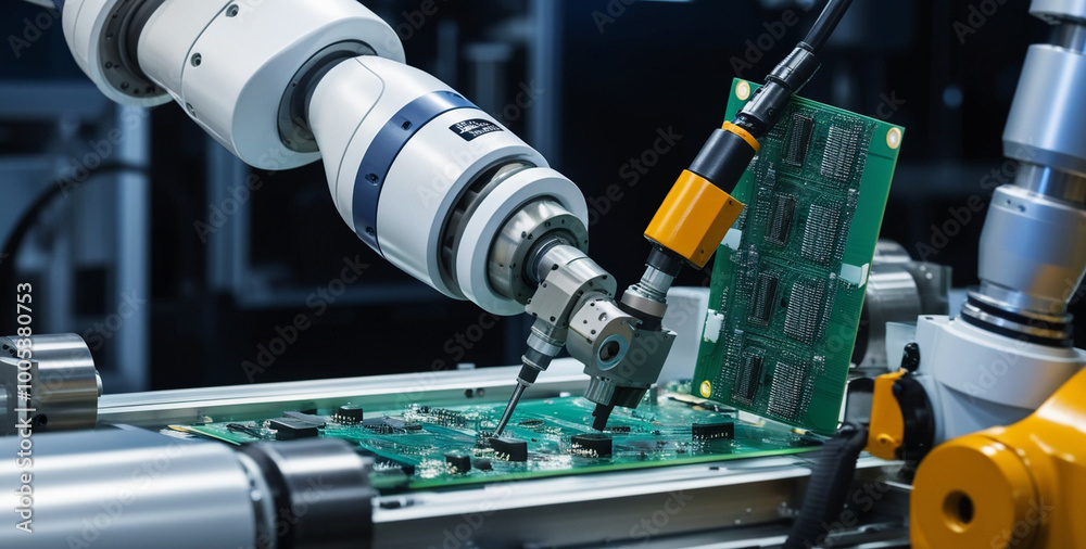 Automated manufacturing process showcases robotic precision in electronics assembly. Automated manufacturing process showcases robotic precision in electronics assembly.