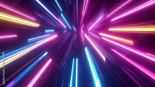 Abstract 3D render featuring a spectrum of neon rays and glowing lines, delivering a vivid and bright background with energetic hues