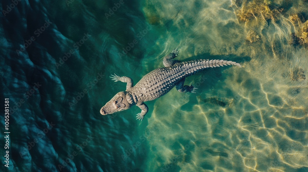 An aerial view of a crocodile swimming gracefully through a clear river, showcasing its sleek body and the rippling water below.
