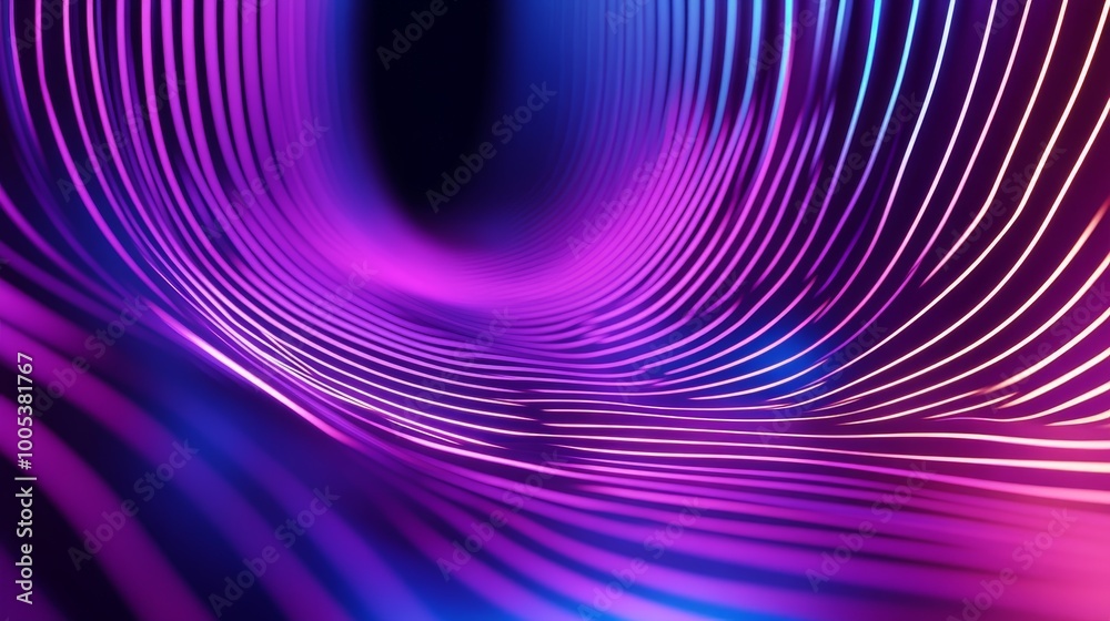 Abstract 3D render of a neon background with panoramic glowing purple, violet, and pink lines in ultraviolet light Abstract 3D render of a neon background with panoramic glowing purple, violet, and pink lines in ultraviolet light
