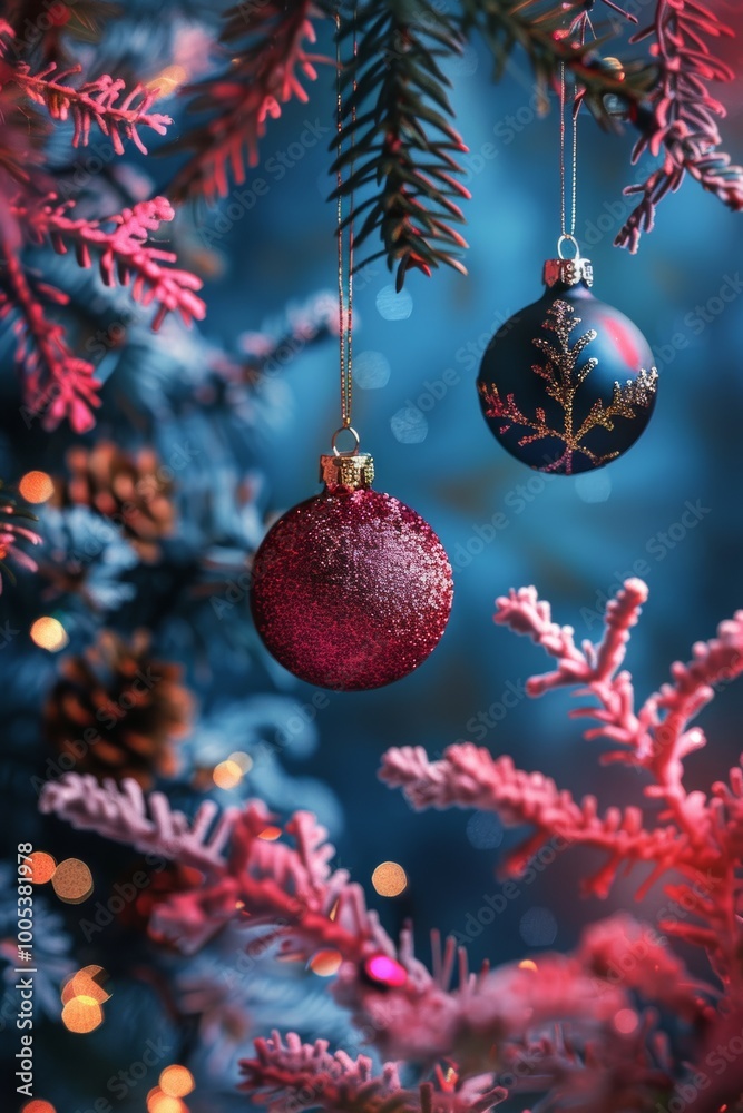 Obraz premium A Christmas tree with two red and blue ornaments hanging from the branches. The tree is surrounded by pink and blue colors, giving it a festive and joyful atmosphere