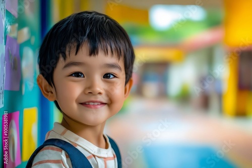 A little boy with a backpack standing in front of a colorful wall