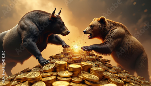 Bull vs bear, symbols of stock market trends, fierce market coins battle.
