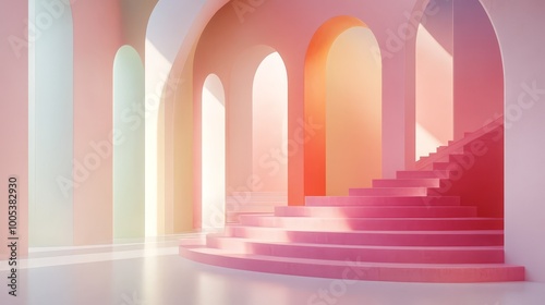 Abstract 3D render showcasing a modern geometric interior with arches and stairs, set against a trendy gradient pastel backdrop