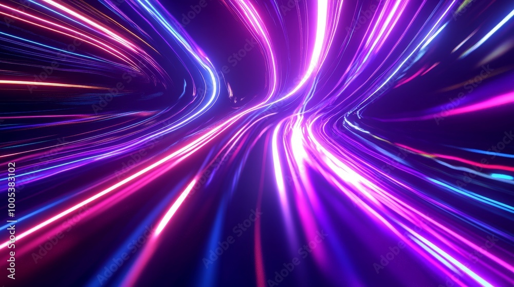 Abstract 3D render showcasing a panoramic neon background with bright purple, violet, and pink lines illuminated by ultraviolet light Abstract 3D render showcasing a panoramic neon background with bright purple, violet, and pink lines illuminated by ultraviolet light