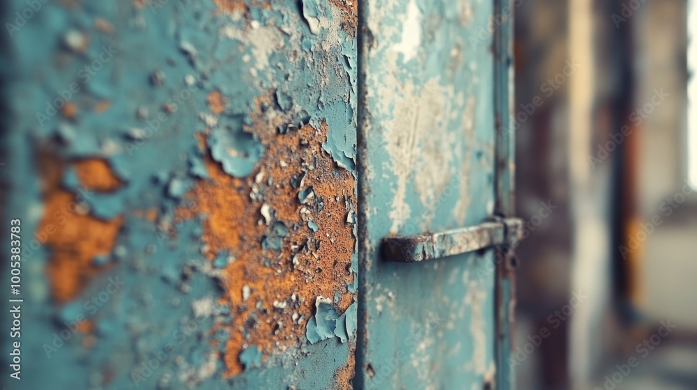 Close-up of weathered, peeling paint on a rusted metal surface. Close-up of weathered, peeling paint on a rusted metal surface.