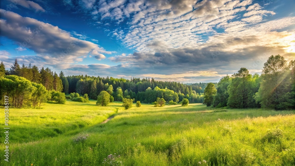 Naklejka premium Rural landscape with meadow, high seat, and forest