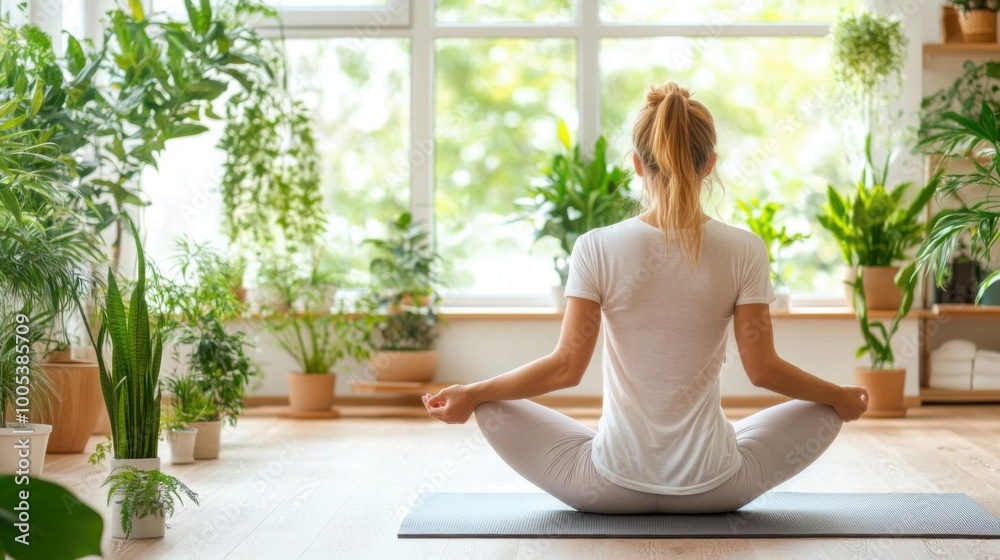 A serene woman practicing yoga in a bright, plant-filled room, promoting mindfulness and relaxation. A serene woman practicing yoga in a bright, plant-filled room, promoting mindfulness and relaxation.