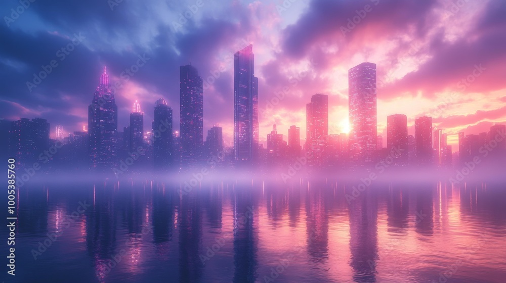 Futuristic Cityscape at Dusk with Reflections Generative AI