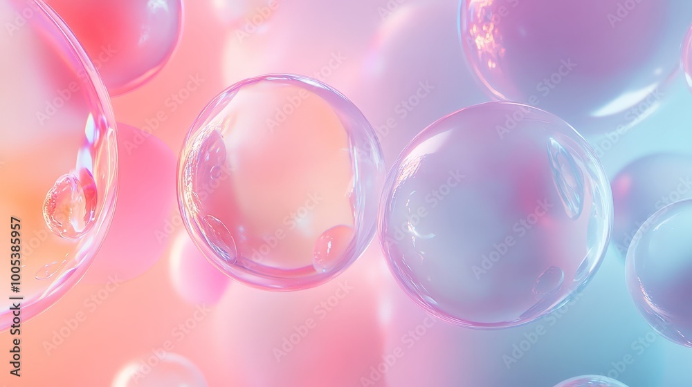 Abstract 3D spheres with translucent surfaces and glowing edges, floating in a soft, pastel-colored environment Abstract 3D spheres with translucent surfaces and glowing edges, floating in a soft, pastel-colored environment