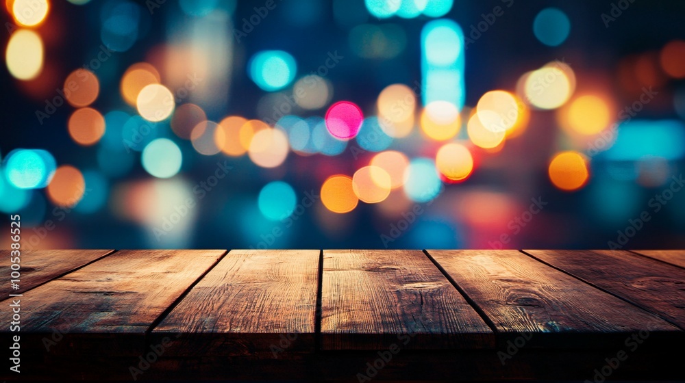 Wooden Tabletop with Blurry City Lights in the Background Wooden Tabletop with Blurry City Lights in the Background
