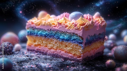 Galaxy Cake Slice with Cosmic Decorations Generative AI photo