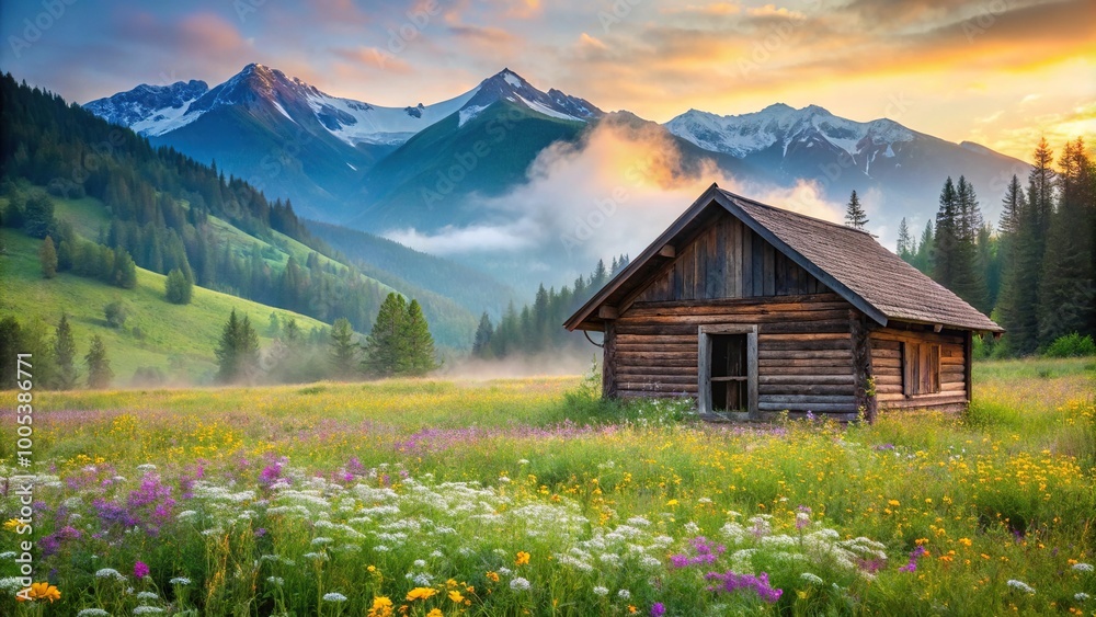 Fototapeta premium Rustic wooden cabin in field of wildflowers with misty mountains