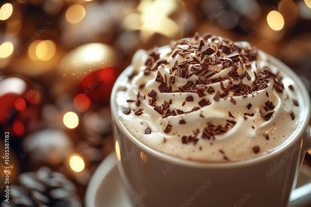 Close-up of a cup of hot chocolate with whipped cream and chocolate shavings, against a festive background of Christmas ornaments and lights.