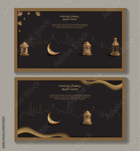 islamic greeetings black card design with lanterns and crescent moon photo