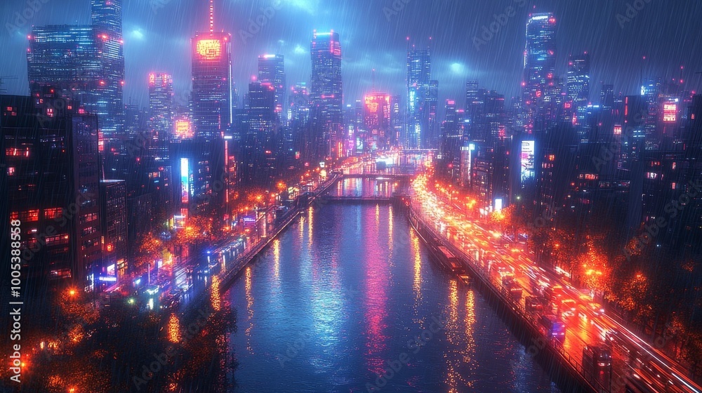 Neon Cyberpunk Cityscape in the Rain Generative AI Neon Cyberpunk Cityscape in the Rain Generative AI