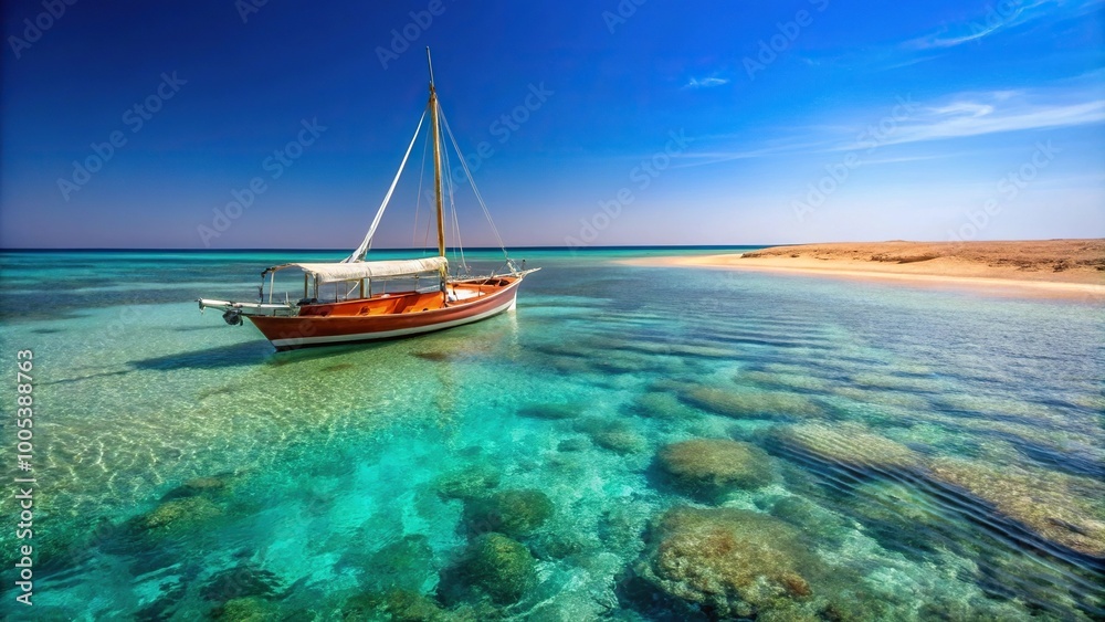 Sailing boat at the Red Sea shallow shore with white sand at eye level Sailing boat at the Red Sea shallow shore with white sand at eye level