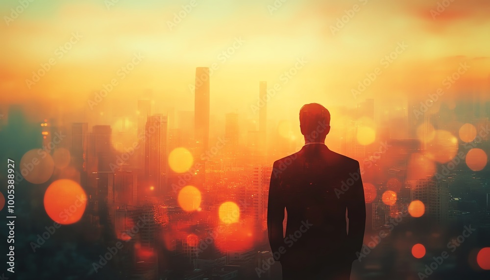 Blurry city skyline behind an unidentifiable businessman, representing a vision of financial hope and success in a modern, futureforward world Blurry city skyline behind an unidentifiable businessman, representing a vision of financial hope and success in a modern, futureforward world
