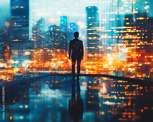 Anonymous business figure gazing over a blurred futuristic skyline, capturing the essence of success and financial ambition in a dynamic business environment