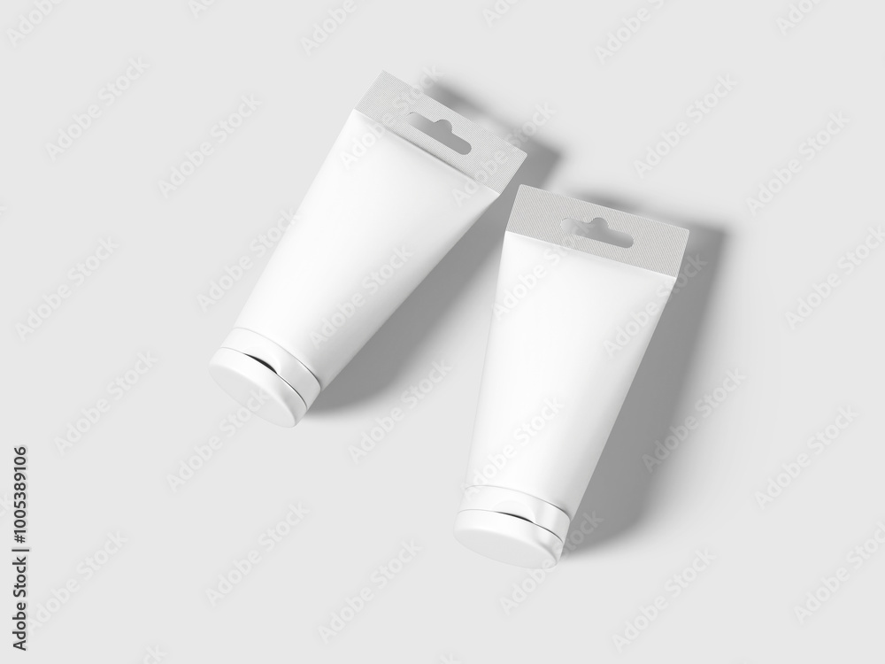 3D Rendering of Blank White Cosmetic Tube Hanging Mockup 3D Rendering of Blank White Cosmetic Tube Hanging Mockup