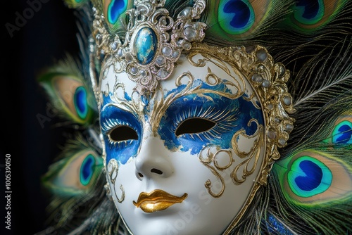 Hand-painted venetian mask with peacock feathers with generative ai