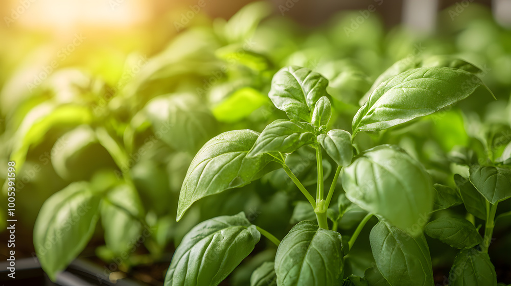 Fresh basil plants thriving in sunlight, showcasing vibrant green leaves. Perfect for culinary and gardening themes. Fresh basil plants thriving in sunlight, showcasing vibrant green leaves. Perfect for culinary and gardening themes.