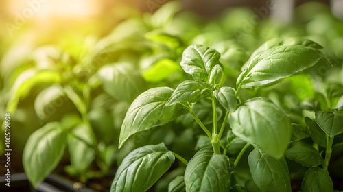 Fresh basil plants thriving in sunlight, showcasing vibrant green leaves. Perfect for culinary and gardening themes.