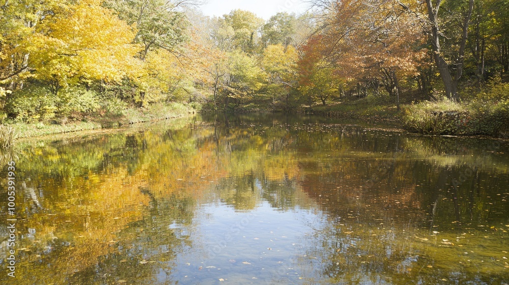 Tranquil Autumn Reflections: Serene Lake View with Vibrant Foliage Tranquil Autumn Reflections: Serene Lake View with Vibrant Foliage