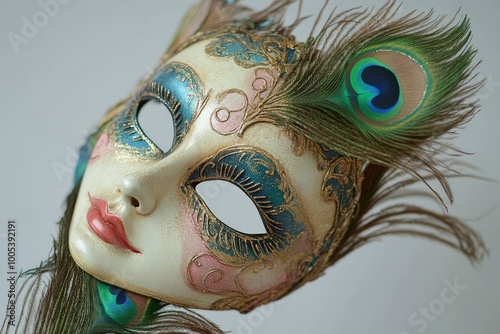 Hand-painted venetian mask with peacock feathers with generative ai photo