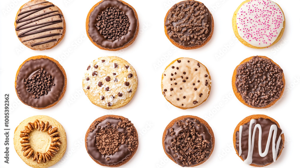 Variety of decorated cookies arranged on a white background showcasing sweet flavors and designs Variety of decorated cookies arranged on a white background showcasing sweet flavors and designs