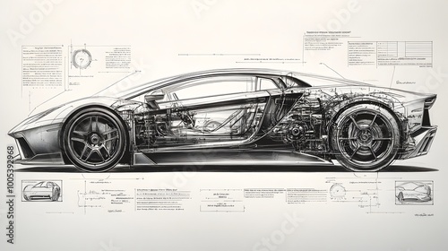 Sleek and Powerful Sports Car Detailed Blueprint Rendering for Futuristic Automotive Advertising Poster