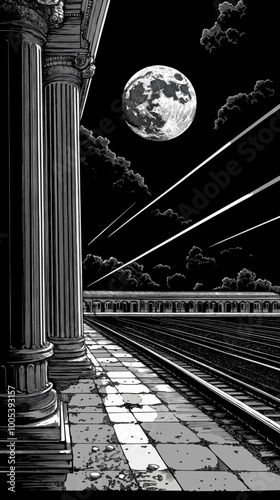 Nighttime railway platform under a full moon with dramatic columns and beams of light, perfect for moody and atmospheric designs
