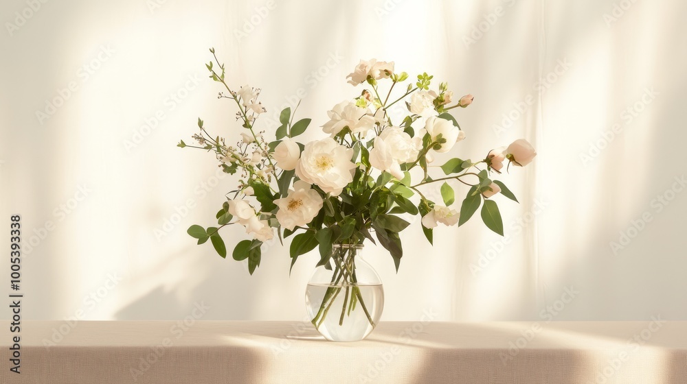 Elegant Seasonal Flower Arrangement in Clear Vase on Neutral Tablecloth Elegant Seasonal Flower Arrangement in Clear Vase on Neutral Tablecloth