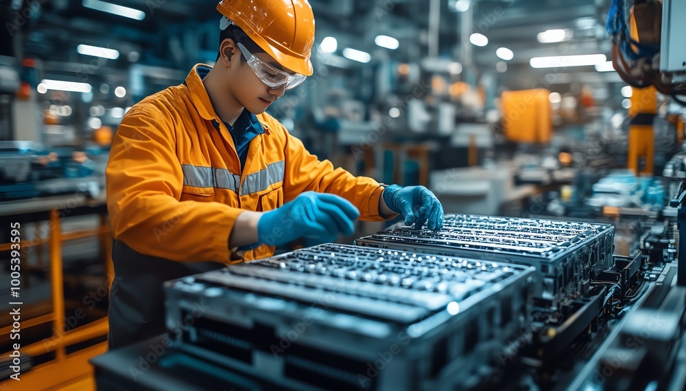 Detailed view of a Chinese engineer handling EV car battery cells module in an electric vehicle manufacturing facility, modern machinery and tools, 8K quality Detailed view of a Chinese engineer handling EV car battery cells module in an electric vehicle manufacturing facility, modern machinery and tools, 8K quality