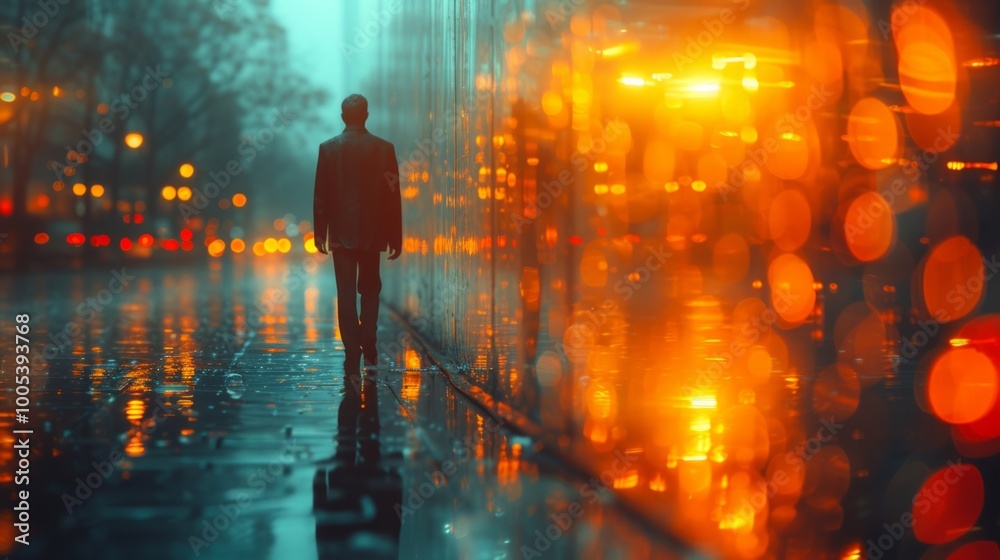 Fototapeta premium 都市の光ぼかしと歩行者後ろ姿,Generative AI AI画像