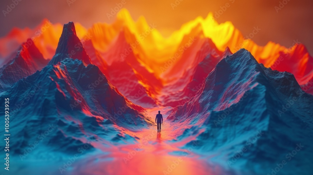 Φωτογραφία 夕暮れに染まる山と人物シルエット,Generative AI AI画像