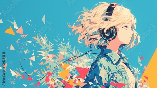 ヘッドフォンをつける女性イラスト,Generative AI AI画像