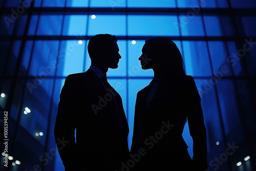 business team silhouette looking confident to each other, dark blue light, modern office building, photorealistic