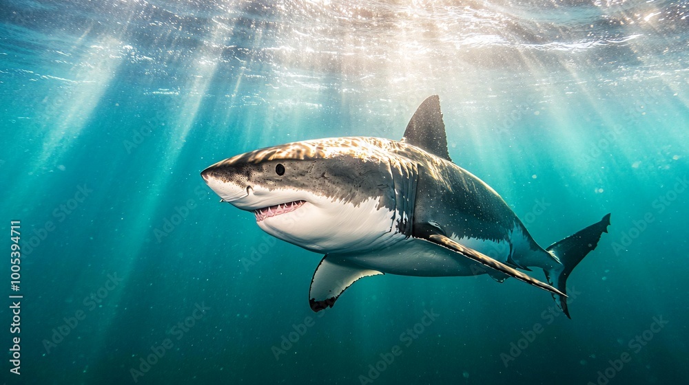 Naklejka premium Great white shark swimming in sunlit ocean.