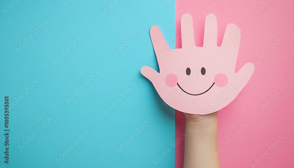 Obraz premium Girls hand displaying a paper cut smiling face, blue and pink pastel background with generous copy space, perfect for kids birthday or gender reveal, vivid and detailed, 8K quality