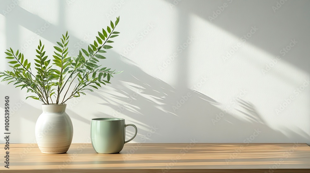 Minimalist composition of living room interior with copy space, wooden consola, ceramic vase with branch, bowl, beige wall, gray cup and personal accessories. Home decor. with generative ai