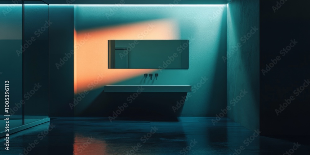 A bathroom with a sink and a mirror. The room is dimly lit and the light is coming from the window A bathroom with a sink and a mirror. The room is dimly lit and the light is coming from the window