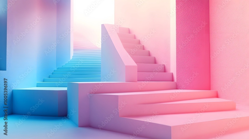3d render, abstract background with steps and staircase, in pink and blue pastel colors. Architectural design elements. 3d render, abstract background with steps and staircase, in pink and blue pastel colors. Architectural design elements.